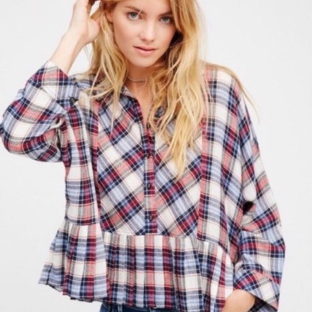 Free People flannel plaid button down shirt flare